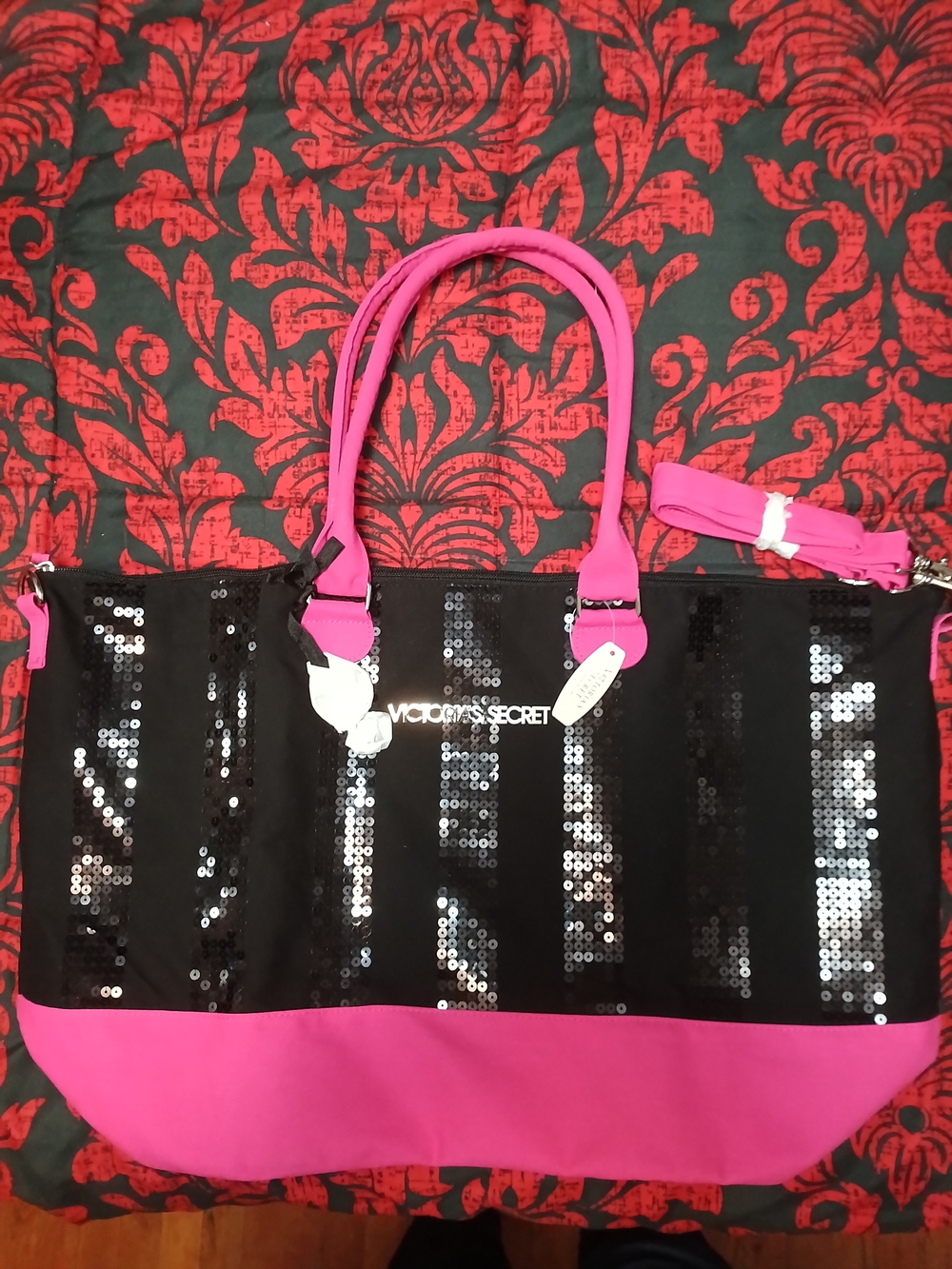 Victoria's Secret Black Sequin Tote with Pink Base and Handles